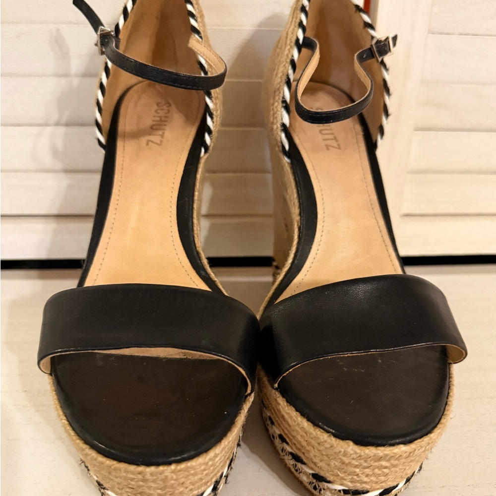 SCHUTZ Black and Tan Wedge Sandals